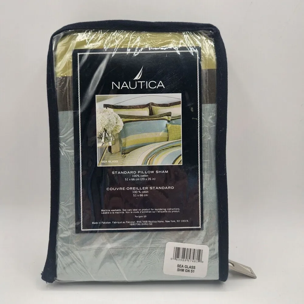 Nautica Sea Glass One Standard Pillow Sham 20 x 26 Cotton Brown Blue Tan Stripes